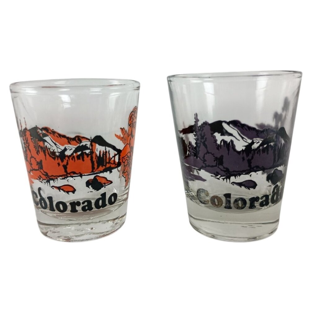 Lot Of 2 Colorado Mountains,Skiing And Rams Shot Glass 2-1/4" Vintage